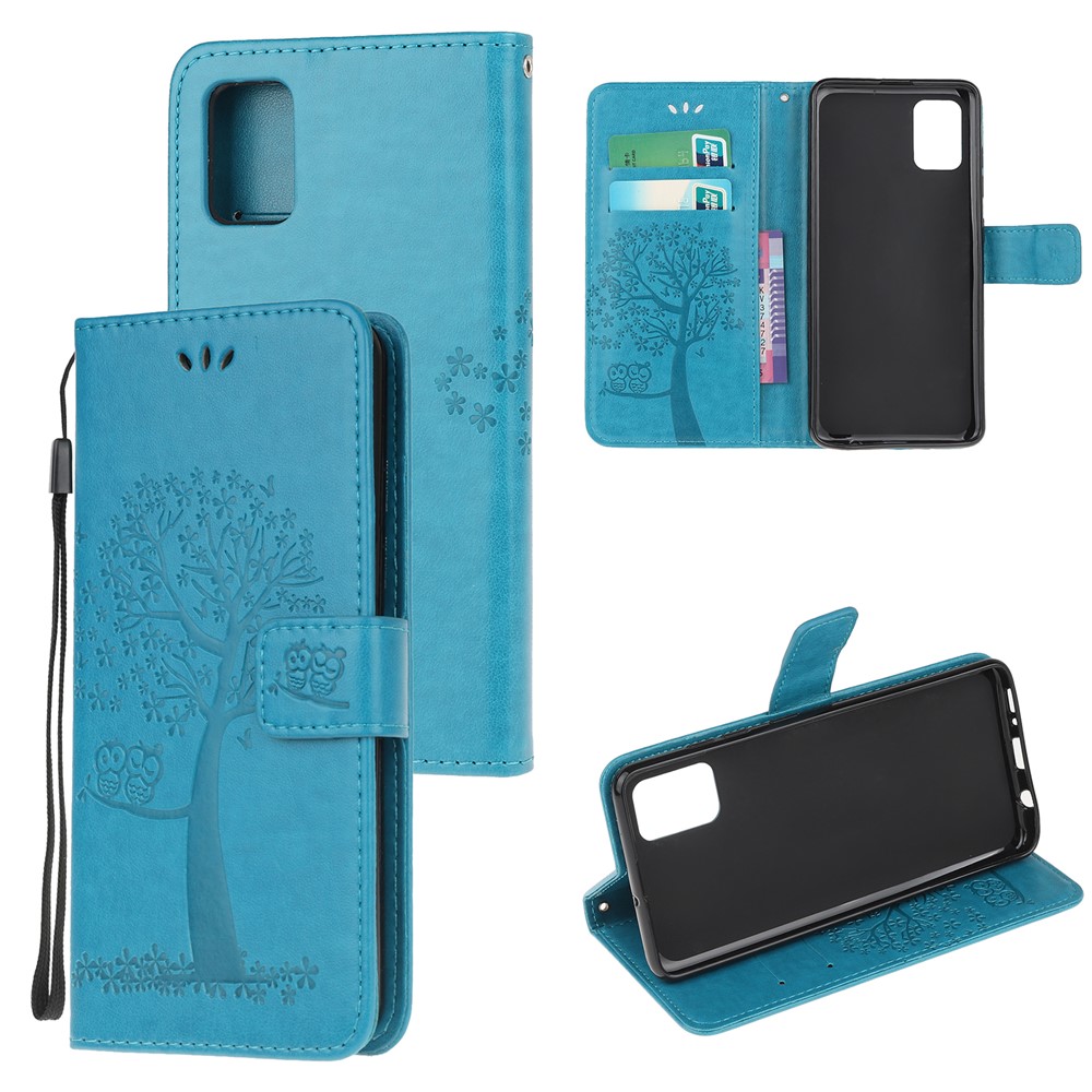 Imprint Tree Owl Leather Wallet Stand Phone Shell for Samsung Galaxy A71 - Blue-1