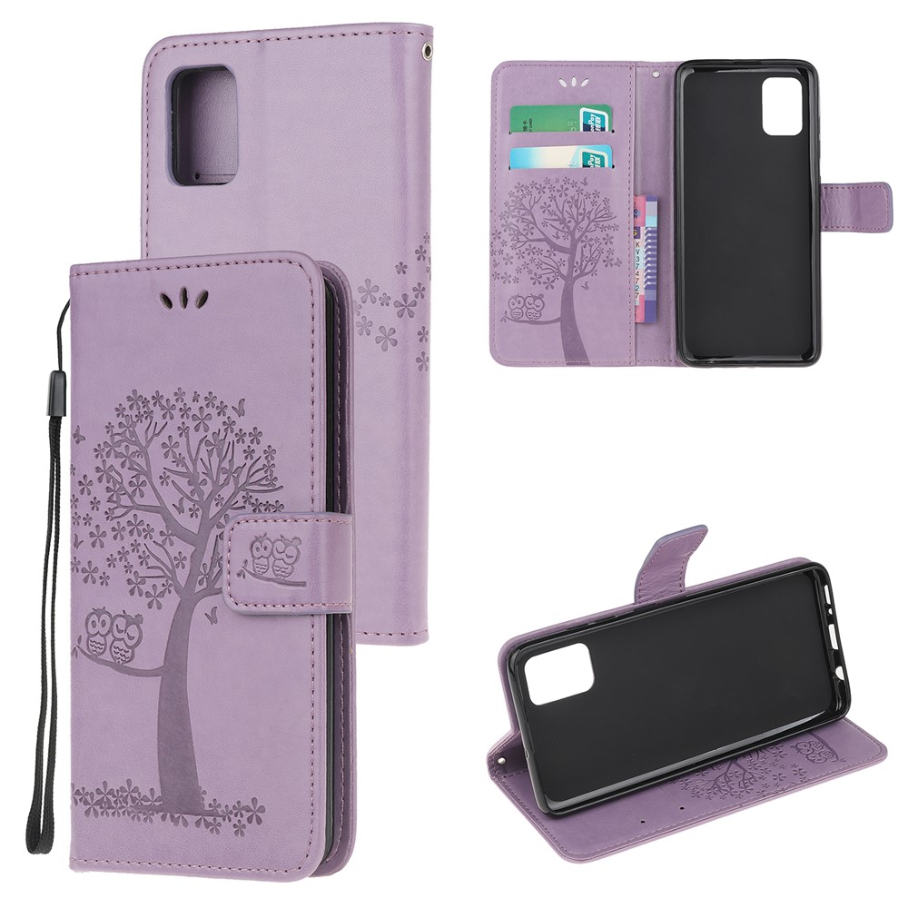 Imprint Tree Owl Leather Wallet Stand Phone Shell for Samsung Galaxy A71 - Light Purple-1
