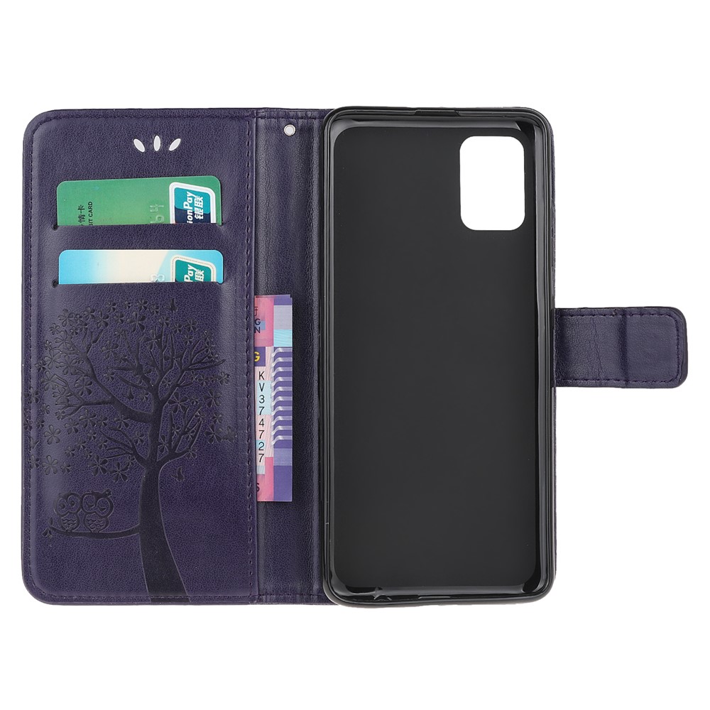 Imprint Tree Owl Leather Wallet Stand Phone Shell for Samsung Galaxy A71 - Dark Purple-5
