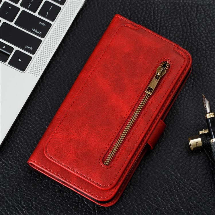 Zipper Pocket 9 Tarjeta Slots Cartera De Cuero Funda Para Samsung Galaxy A20E - Rojo