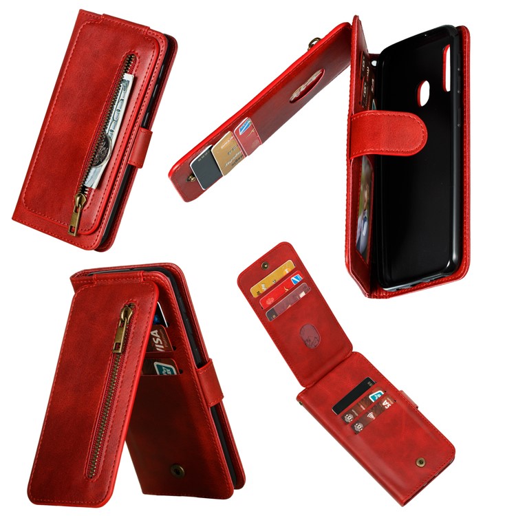 Zipper Pocket 9 Tarjeta Slots Cartera De Cuero Funda Para Samsung Galaxy A20E - Rojo