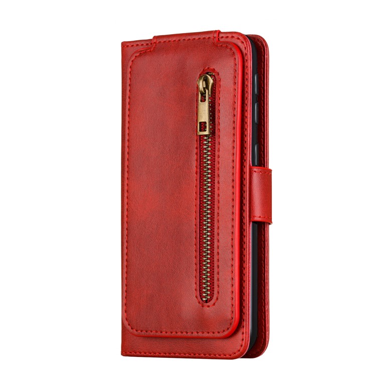 Zipper Pocket 9 Card Slots Leather Wallet Case for Samsung Galaxy A20e - Red-5