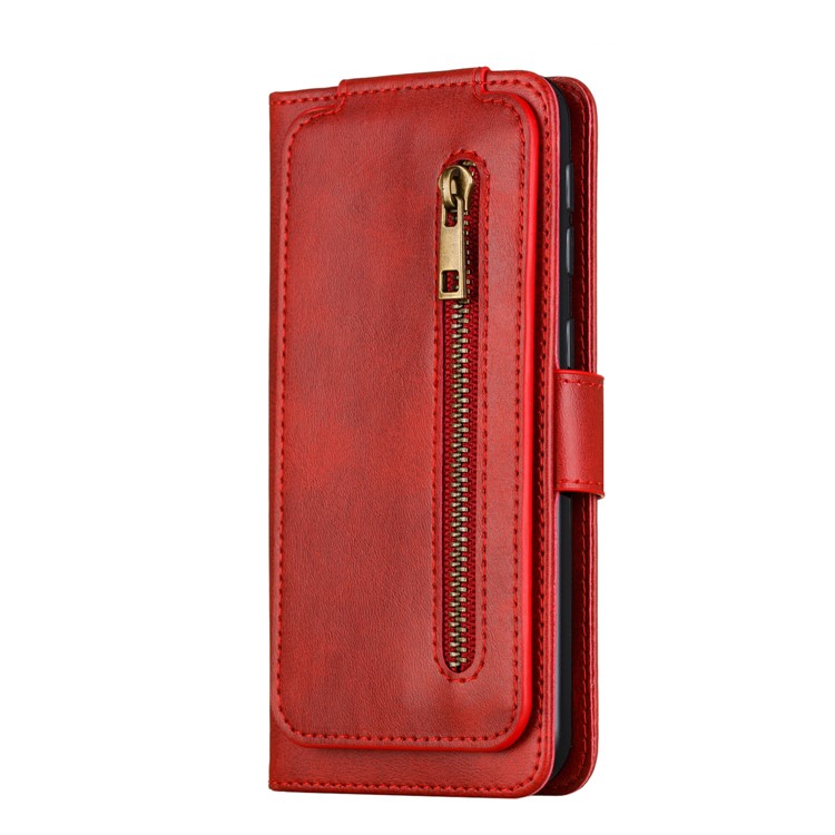 Zipper Pocket 9 Tarjeta Slots Cartera De Cuero Funda Para Samsung Galaxy A20E - Rojo