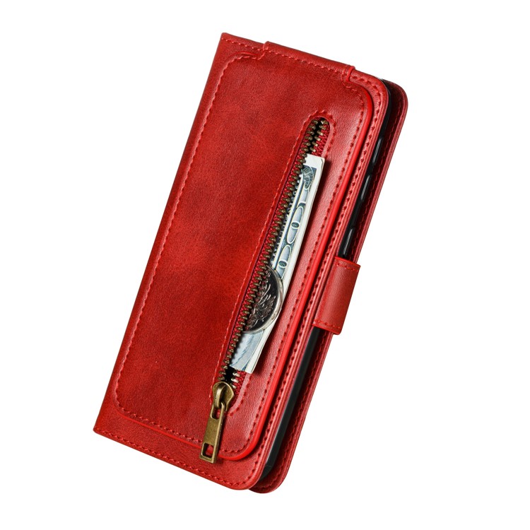 Zipper Pocket 9 Card Slots Leather Wallet Case for Samsung Galaxy A20e - Red-9