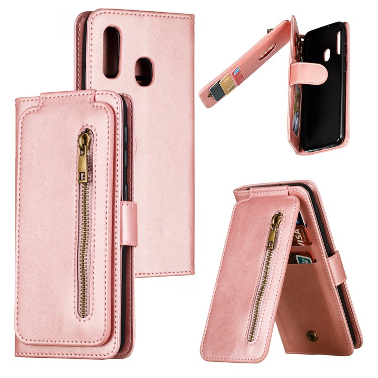 Zipper Pocket 9 Card Slots Leather Wallet Case for Samsung Galaxy A20e - Rose Gold-1