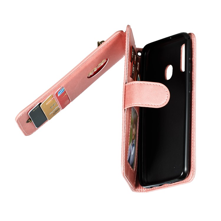 Zipper Pocket 9 Card Slots Leather Wallet Case for Samsung Galaxy A20e - Rose Gold-10
