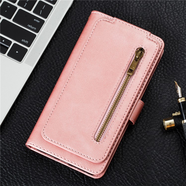 Zipper Pocket 9 Card Slots Leather Wallet Case for Samsung Galaxy A20e - Rose Gold-13