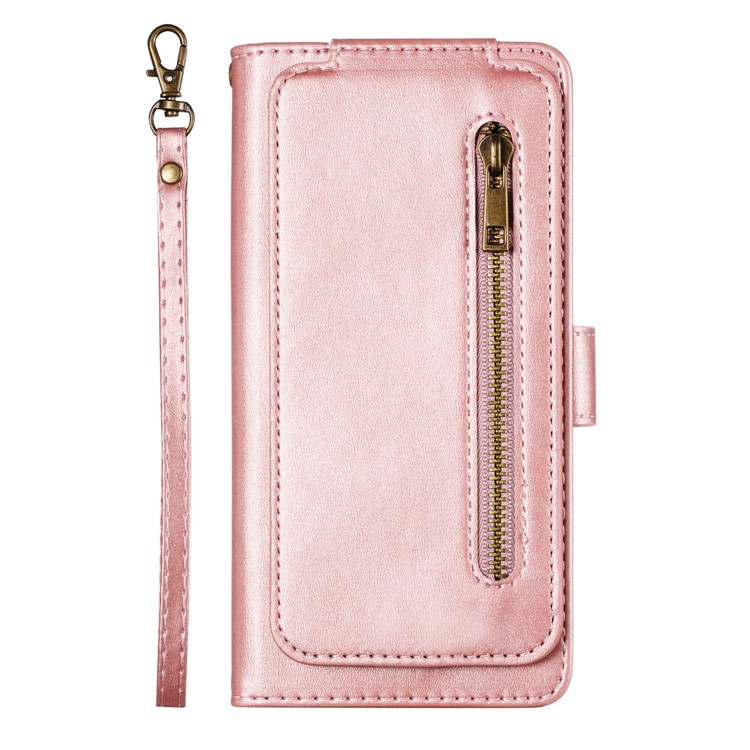 Zipper Pocket 9 Card Slots Leather Wallet Case for Samsung Galaxy A20e - Rose Gold-2