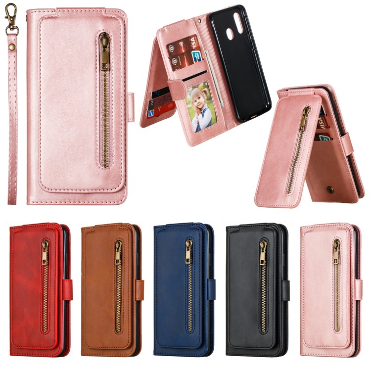Zipper Pocket 9 Card Slots Leather Wallet Case for Samsung Galaxy A20e - Rose Gold-3