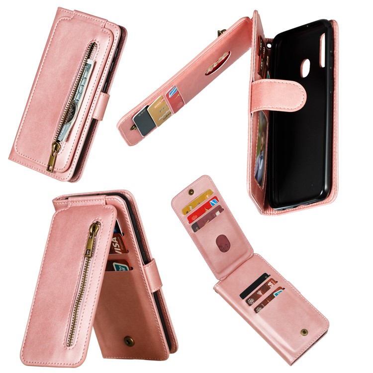 Zipper Pocket 9 Card Slots Leather Wallet Case for Samsung Galaxy A20e - Rose Gold-4