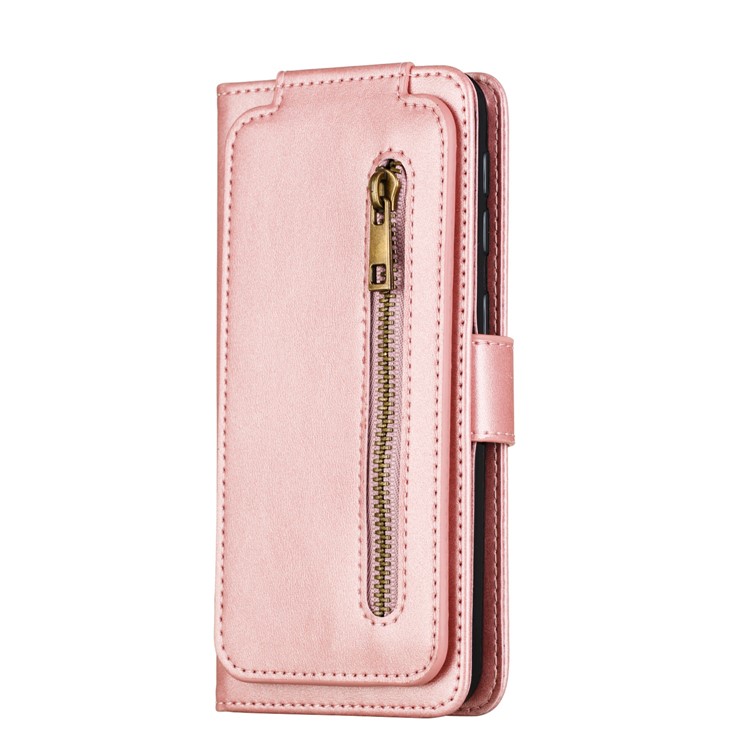 Zipper Pocket 9 Card Slots Leather Wallet Case for Samsung Galaxy A20e - Rose Gold-5