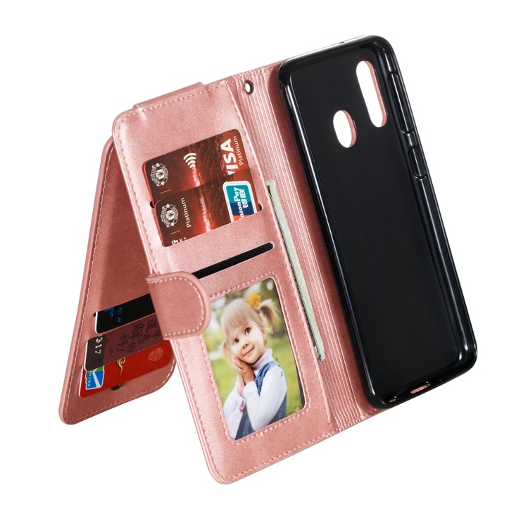 Zipper Pocket 9 Card Slots Leather Wallet Case for Samsung Galaxy A20e - Rose Gold-7