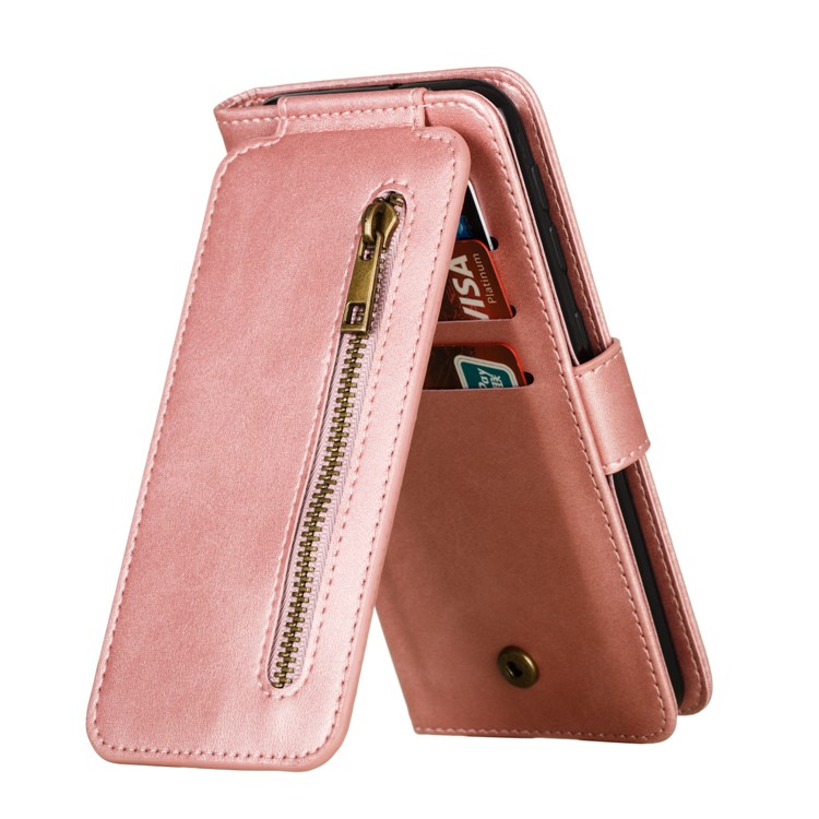 Zipper Pocket 9 Card Slots Leather Wallet Case for Samsung Galaxy A20e - Rose Gold-8