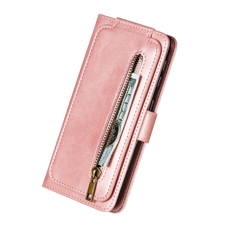 Zipper Pocket 9 Card Slots Leather Wallet Case for Samsung Galaxy A20e - Rose Gold-9