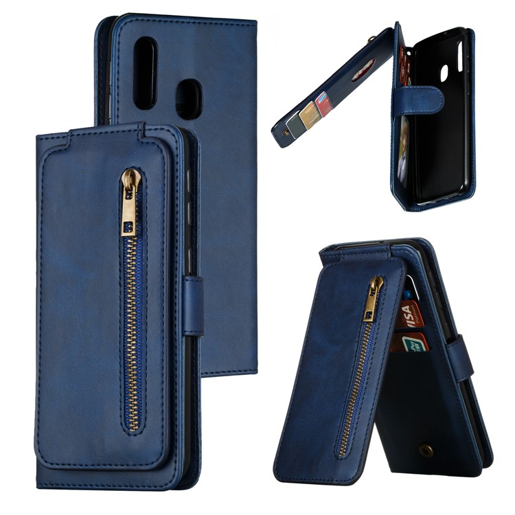 Zipper Pocket 9 Card Slots Leather Wallet Case for Samsung Galaxy A20e - Blue-1