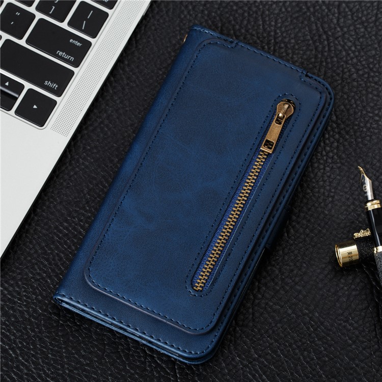 Zipper Pocket 9 Card Slots Leather Wallet Case for Samsung Galaxy A20e - Blue-13
