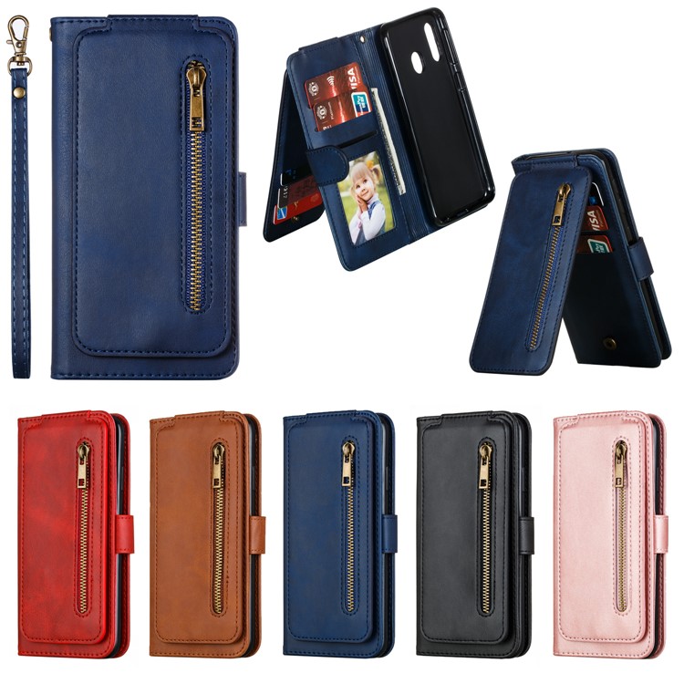 Zipper Pocket 9 Card Slots Leather Wallet Case for Samsung Galaxy A20e - Blue-3