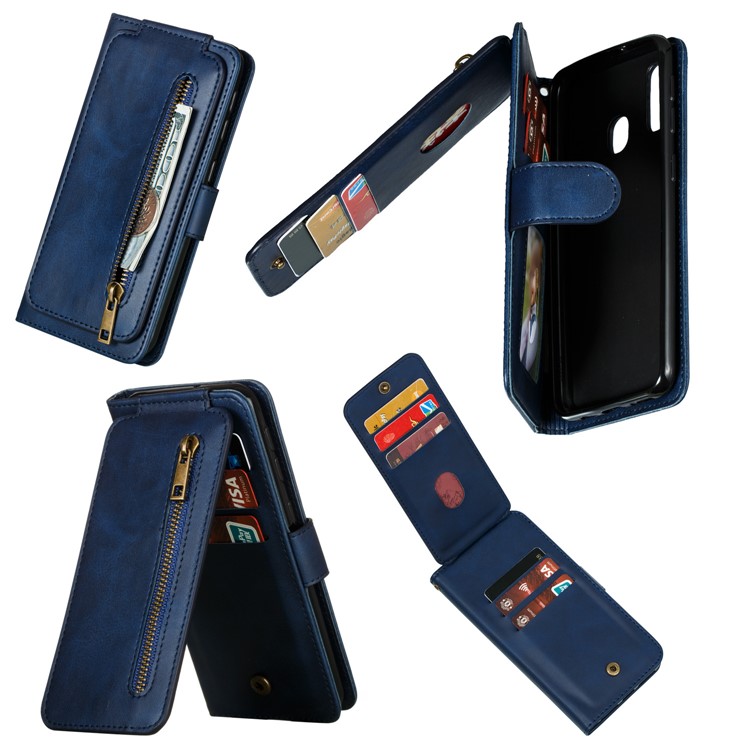 Zipper Pocket 9 Card Slots Leather Wallet Case for Samsung Galaxy A20e - Blue-4