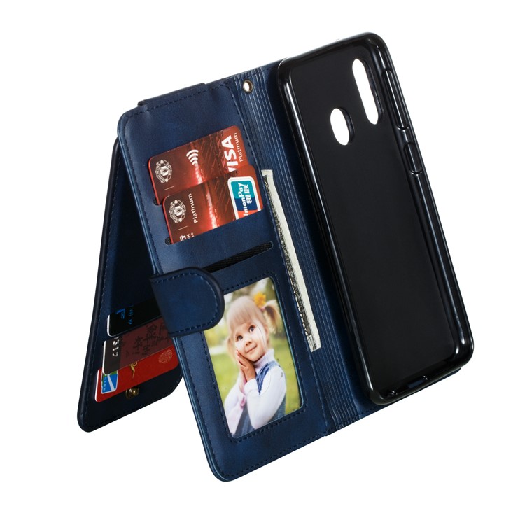 Zipper Pocket 9 Card Slots Leather Wallet Case for Samsung Galaxy A20e - Blue-7