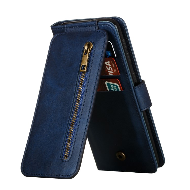 Zipper Pocket 9 Card Slots Leather Wallet Case for Samsung Galaxy A20e - Blue-8