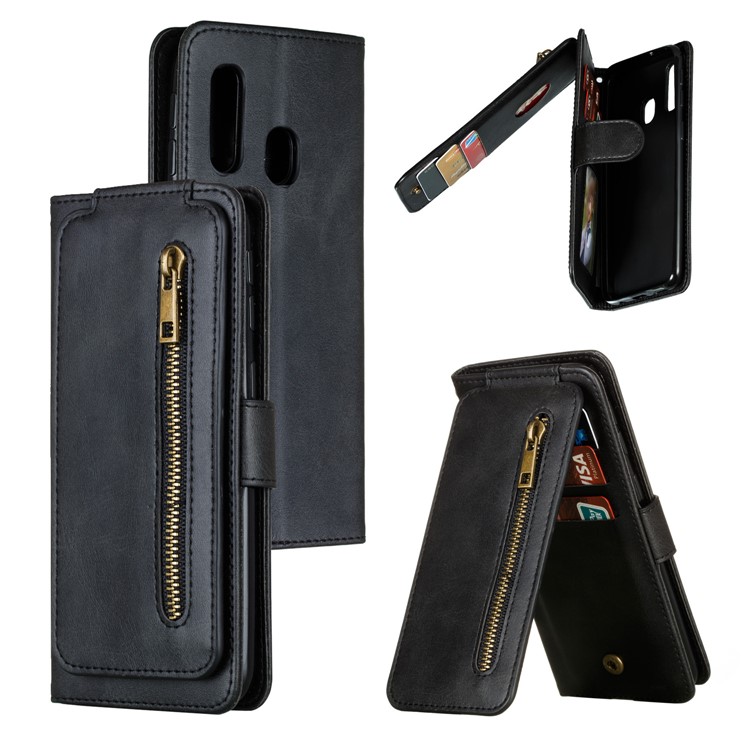Zipper Pocket 9 Card Slots Leather Wallet Stand Case Cover for Samsung Galaxy A40 - Black-1