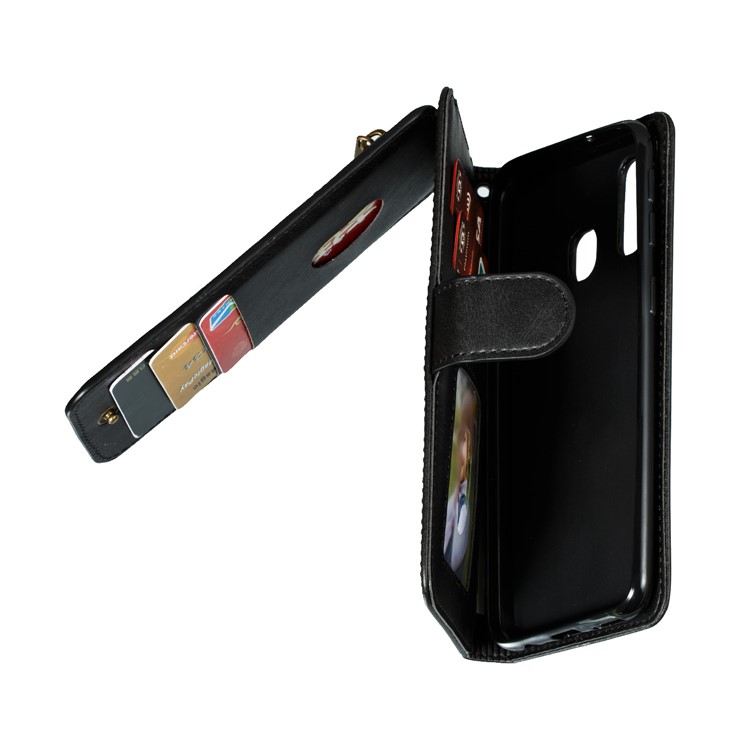 Zipper Pocket 9 Card Slots Leather Wallet Stand Case Cover for Samsung Galaxy A40 - Black-11