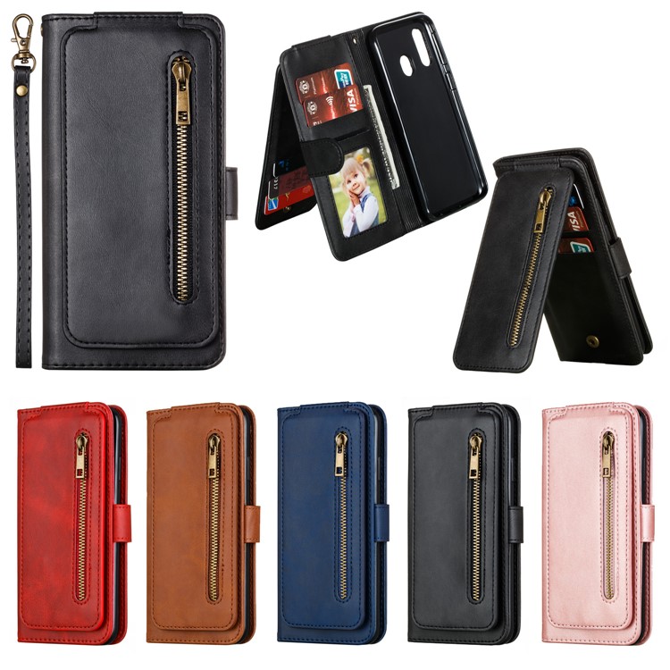 Zipper Pocket 9 Card Slots Leather Wallet Stand Case Cover for Samsung Galaxy A40 - Black-3