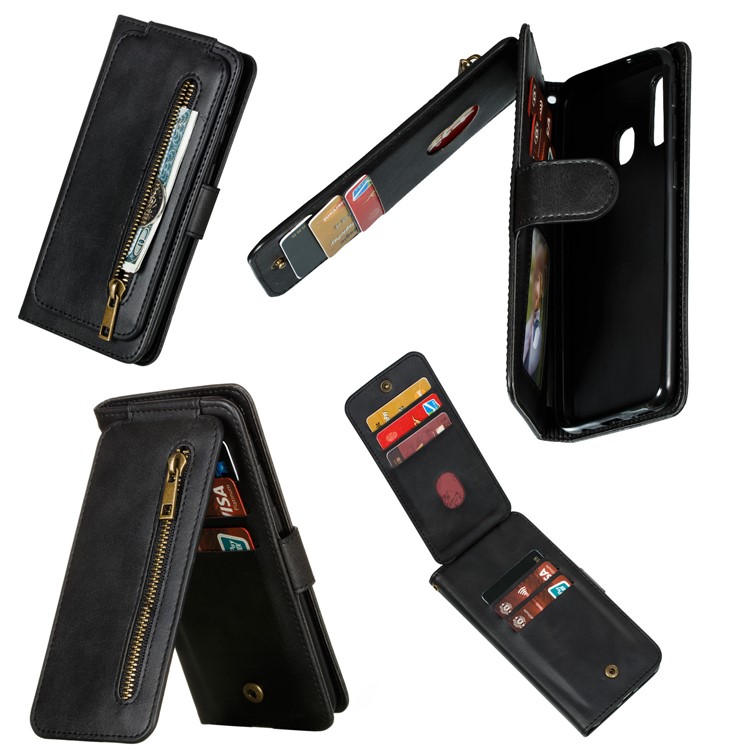 Zipper Pocket 9 Card Slots Leather Wallet Stand Case Cover for Samsung Galaxy A40 - Black-4