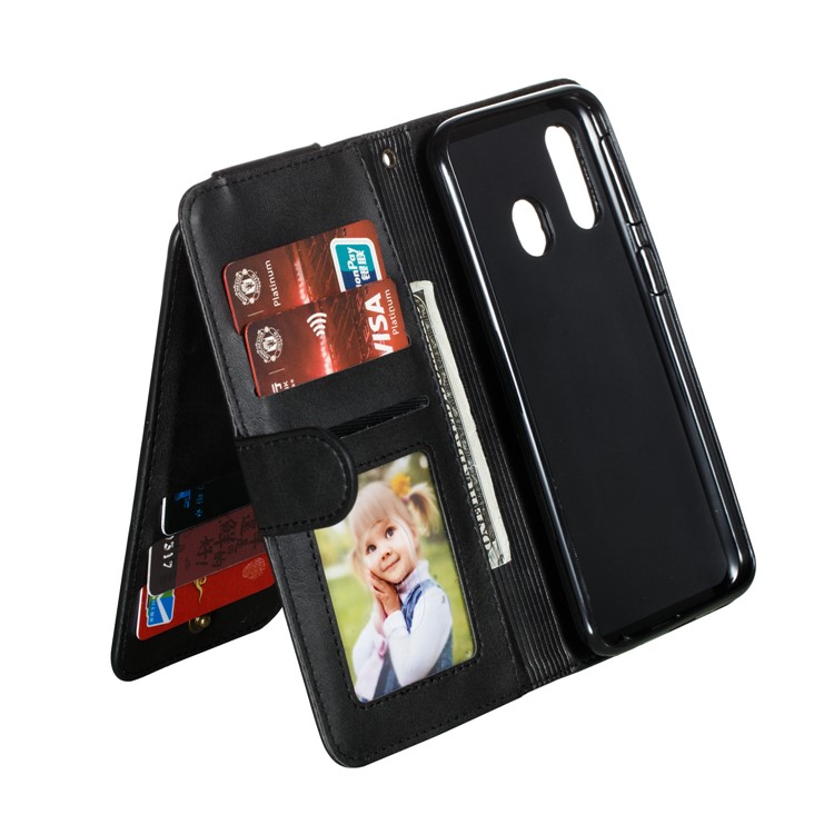 Zipper Pocket 9 Card Slots Leather Wallet Stand Case Cover for Samsung Galaxy A40 - Black-7