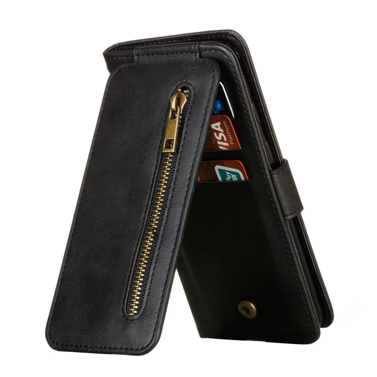 Zipper Pocket 9 Card Slots Leather Wallet Stand Case Cover for Samsung Galaxy A40 - Black-8