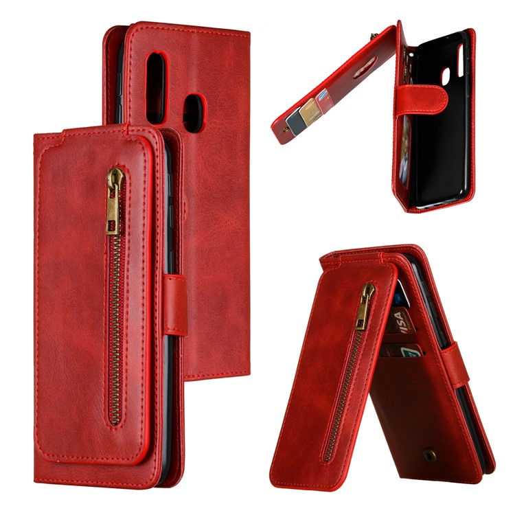 Zipper Pocket 9 Card Slots Leather Wallet Stand Case Cover for Samsung Galaxy A40 - Red-1