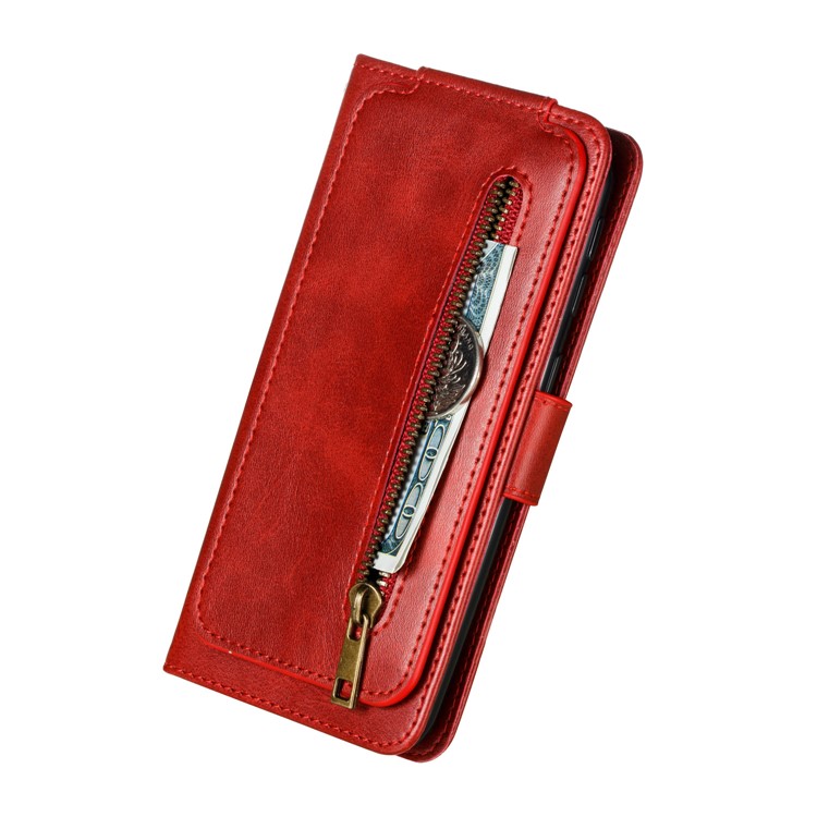 Zipper Pocket 9 Card Slots Leather Wallet Stand Case Cover for Samsung Galaxy A40 - Red-10