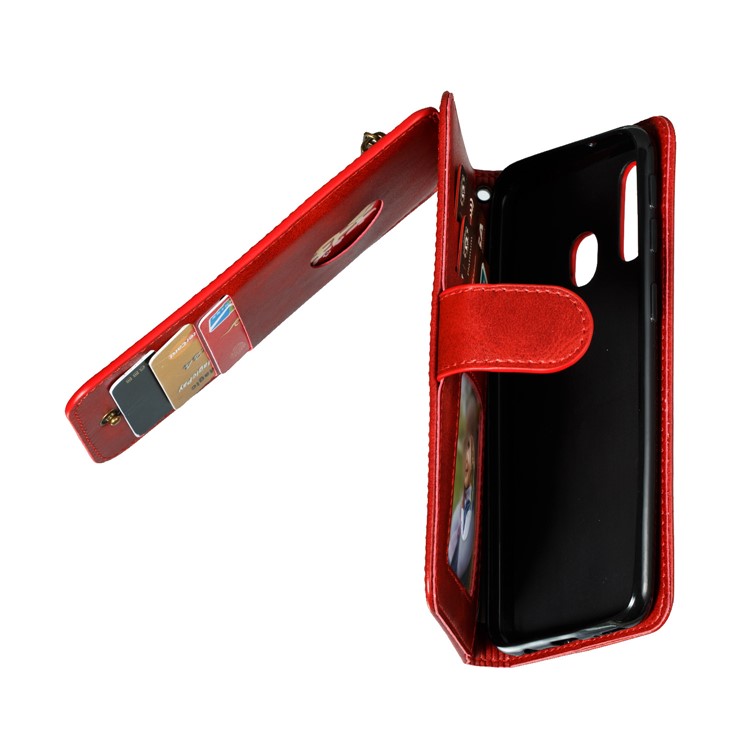 Zipper Pocket 9 Card Slots Leather Wallet Stand Case Cover for Samsung Galaxy A40 - Red-11