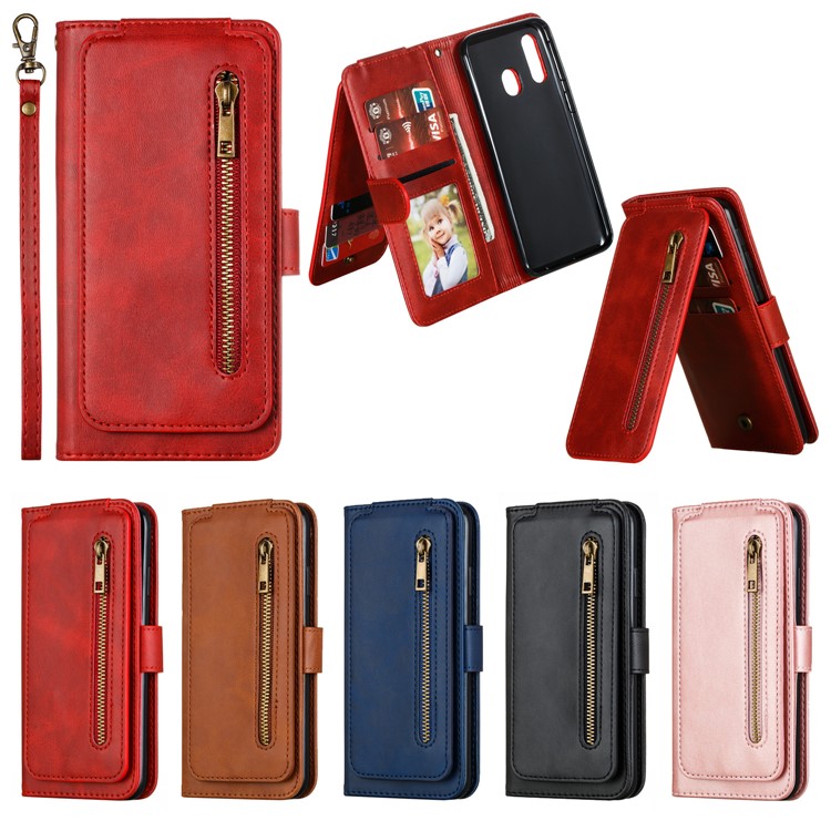Zipper Pocket 9 Card Slots Leather Wallet Stand Case Cover for Samsung Galaxy A40 - Red-3