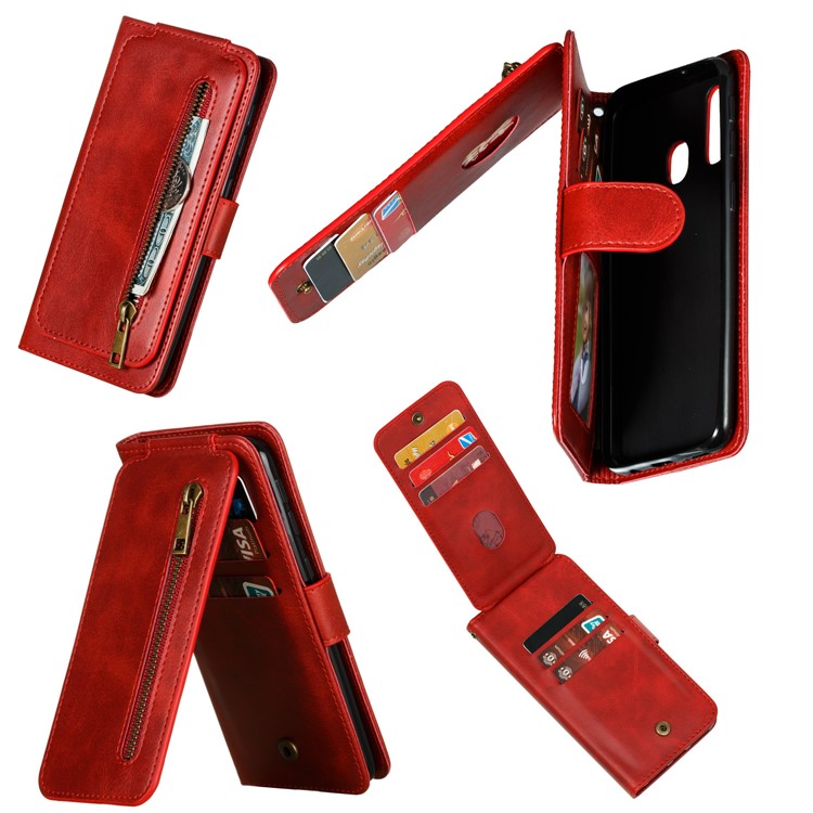 Zipper Pocket 9 Card Slots Leather Wallet Stand Case Cover for Samsung Galaxy A40 - Red-4