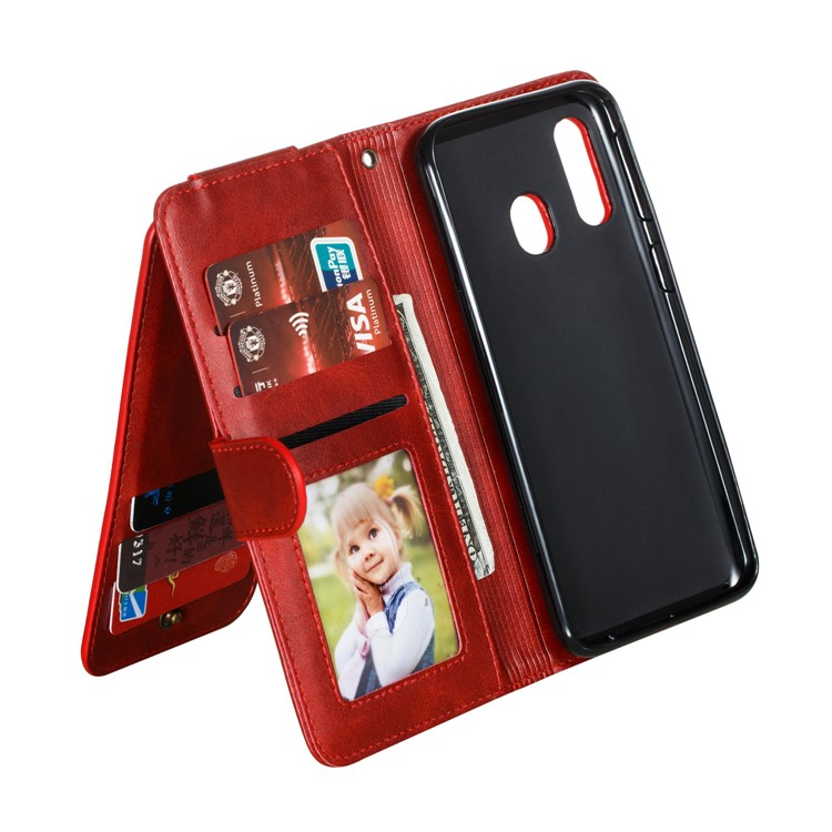 Zipper Pocket 9 Card Slots Leather Wallet Stand Case Cover for Samsung Galaxy A40 - Red-7