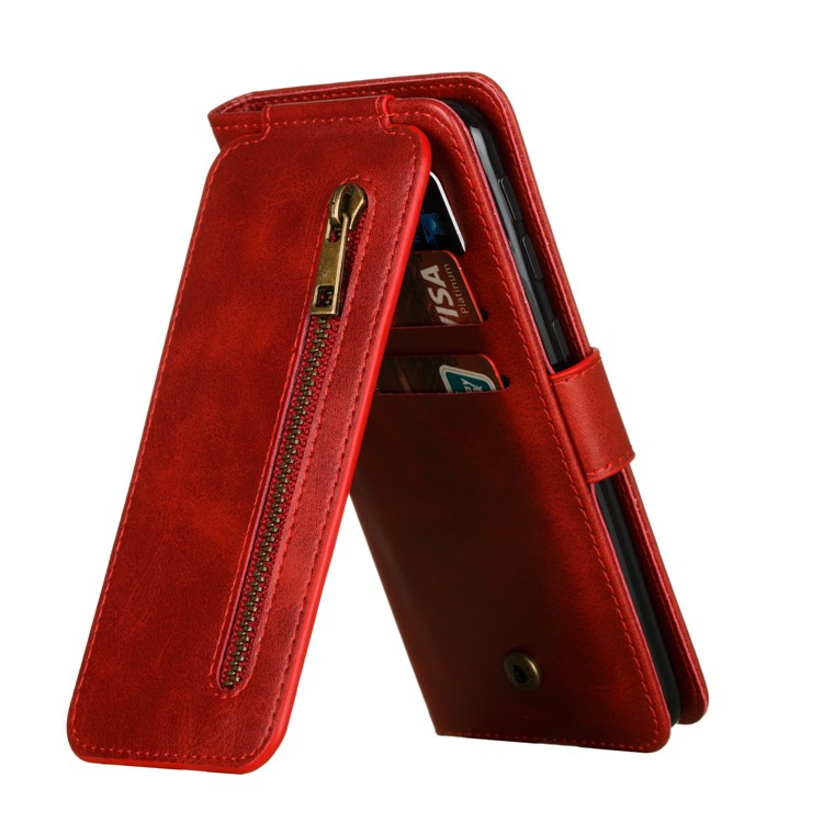 Zipper Pocket 9 Card Slots Leather Wallet Stand Case Cover for Samsung Galaxy A40 - Red-8