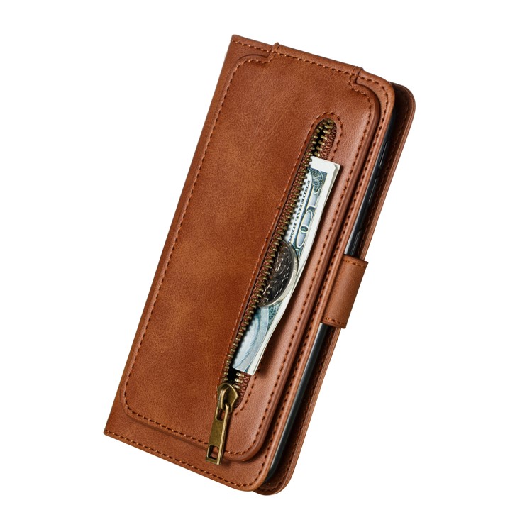 Zipper Pocket 9 Card Slots Leather Wallet Stand Case Cover for Samsung Galaxy A40 - Brown-10