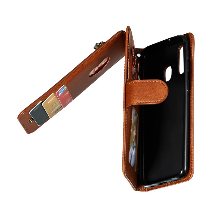 Zipper Pocket 9 Card Slots Leather Wallet Stand Case Cover for Samsung Galaxy A40 - Brown-11