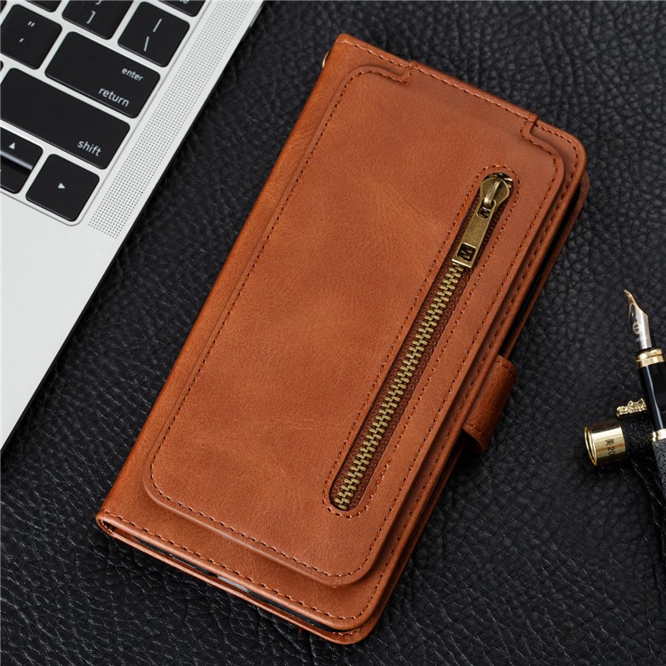 Zipper Pocket 9 Card Slots Leather Wallet Stand Case Cover for Samsung Galaxy A40 - Brown-13