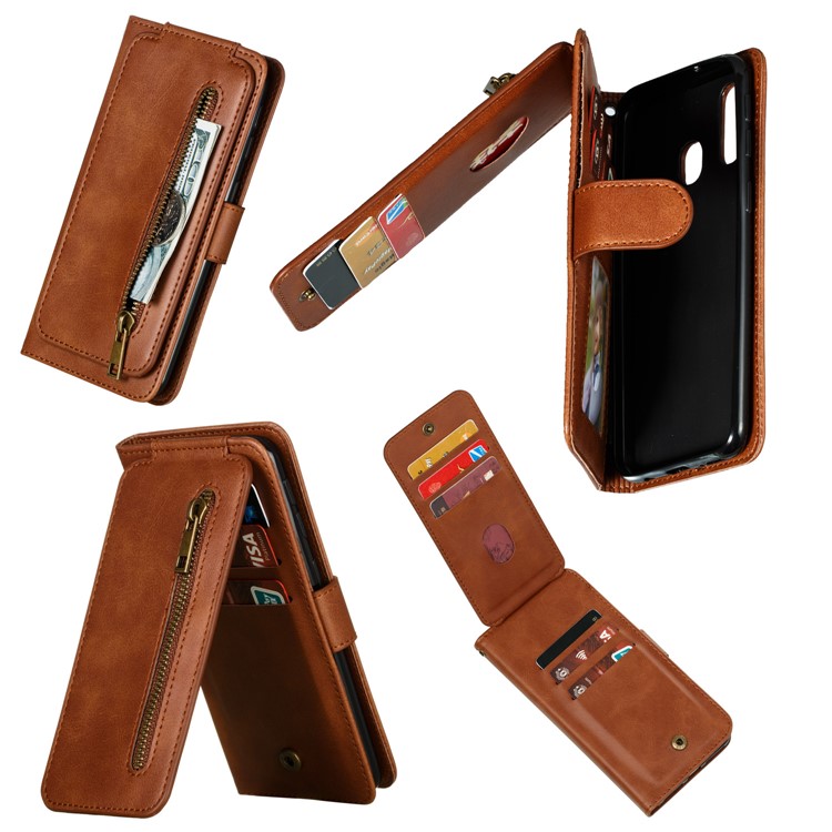 Zipper Pocket 9 Card Slots Leather Wallet Stand Case Cover for Samsung Galaxy A40 - Brown-4