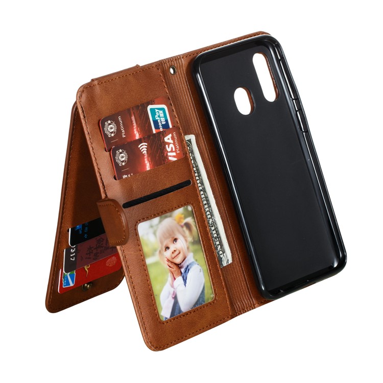 Zipper Pocket 9 Card Slots Leather Wallet Stand Case Cover for Samsung Galaxy A40 - Brown-7