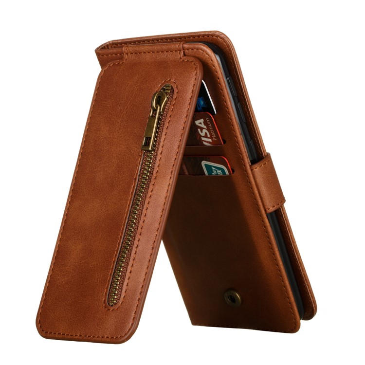 Zipper Pocket 9 Card Slots Leather Wallet Stand Case Cover for Samsung Galaxy A40 - Brown-8
