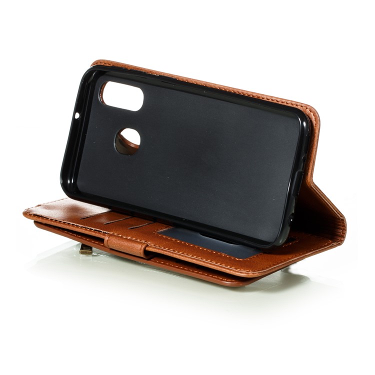 Zipper Pocket 9 Card Slots Leather Wallet Stand Case Cover for Samsung Galaxy A40 - Brown-9