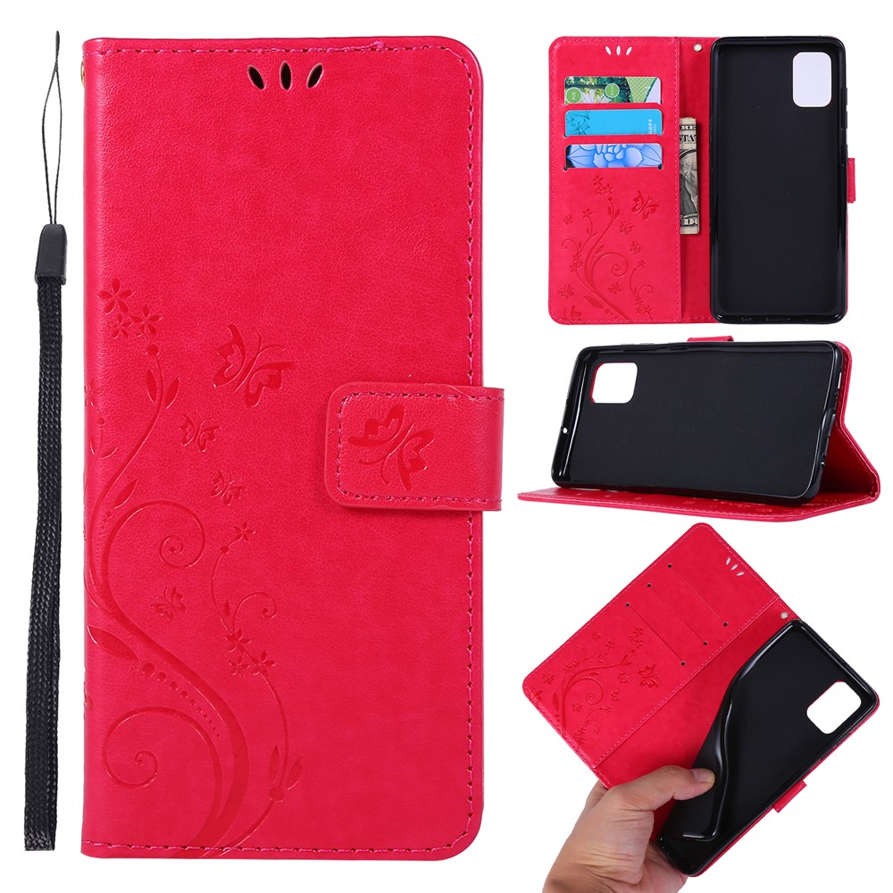 Imprint Butterflies Wallet Stand Flip Leather Phone Shell for Samsung Galaxy A51 - Red-1
