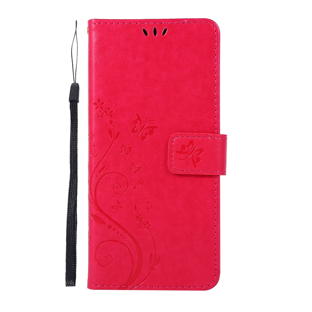Imprint Butterflies Wallet Stand Flip Leather Phone Shell for Samsung Galaxy A51 - Red-2