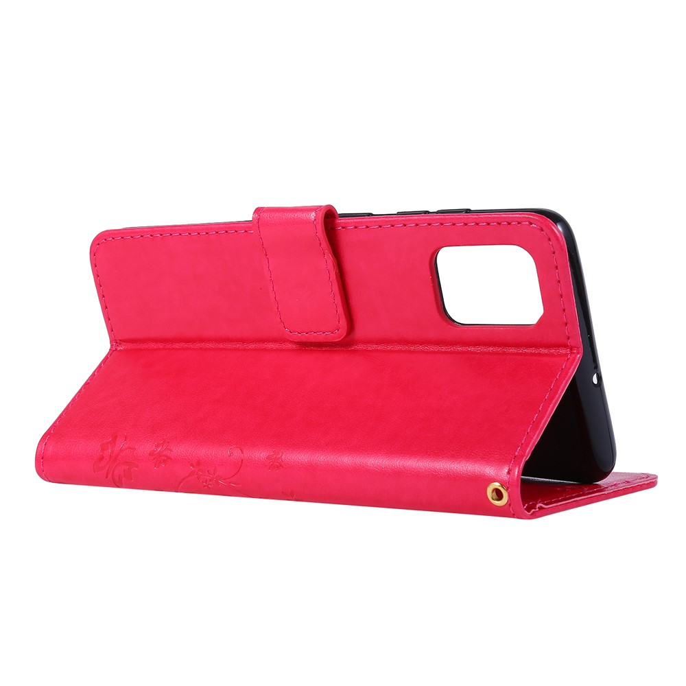 Imprint Butterflies Wallet Stand Flip Leather Phone Shell for Samsung Galaxy A51 - Red-5