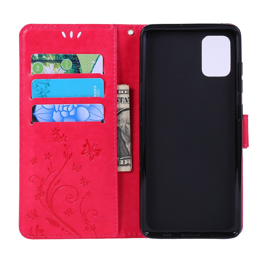 Imprint Butterflies Wallet Stand Flip Leather Phone Shell for Samsung Galaxy A51 - Red-6