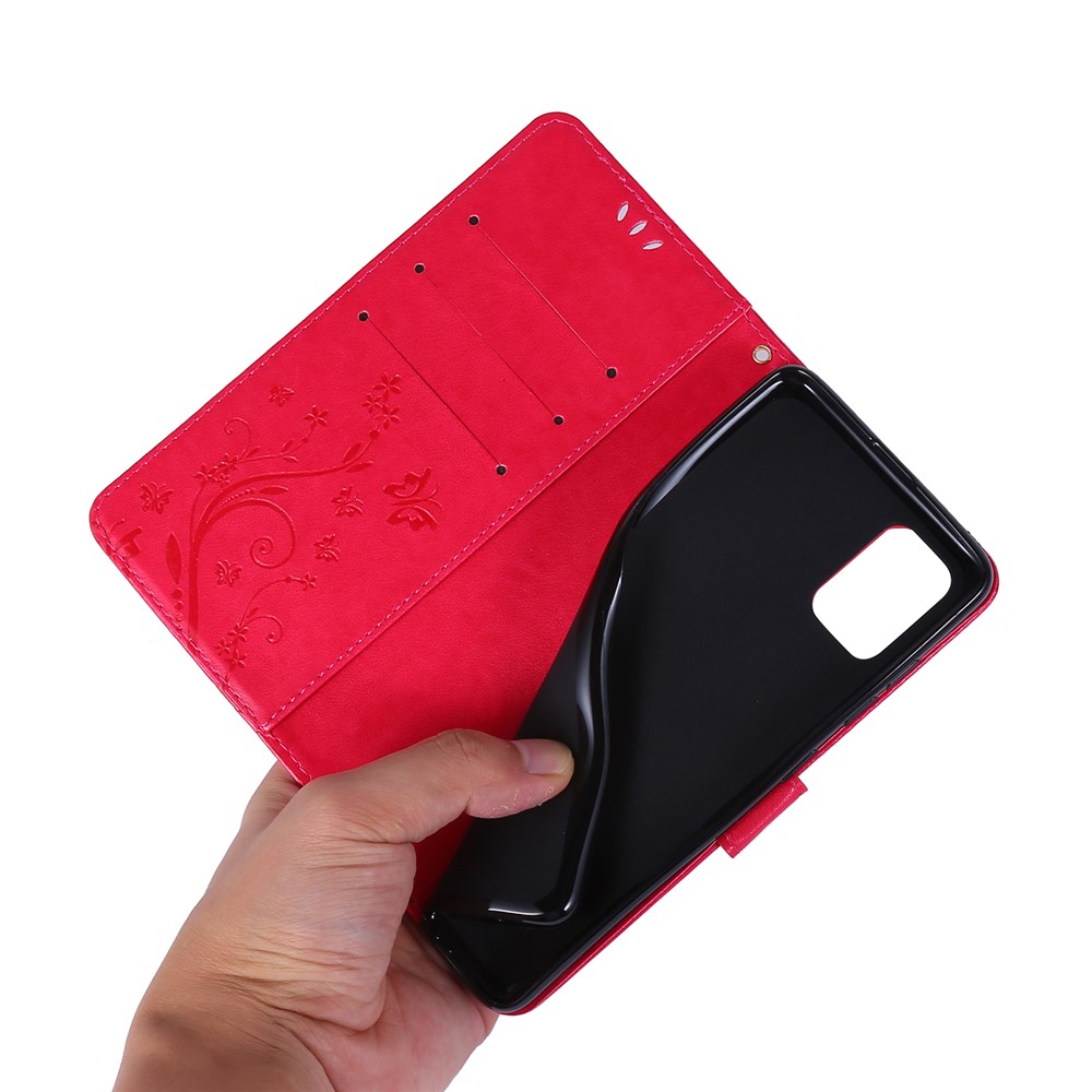 Imprint Butterflies Wallet Stand Flip Leather Phone Shell for Samsung Galaxy A51 - Red-7