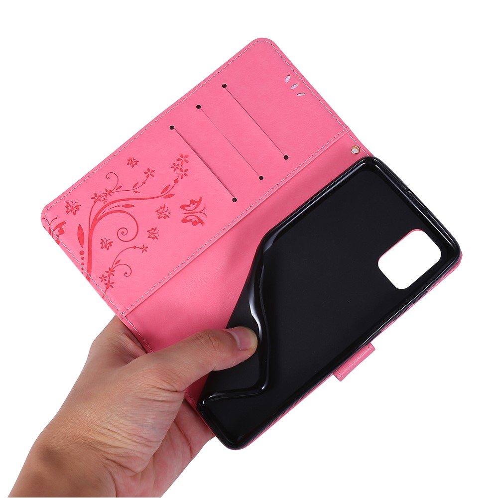 Empreinte Papillons Support de Portefeuille Flip Coquille de Téléphone en Cuir Pour Samsung Galaxy A51 - Rose-7